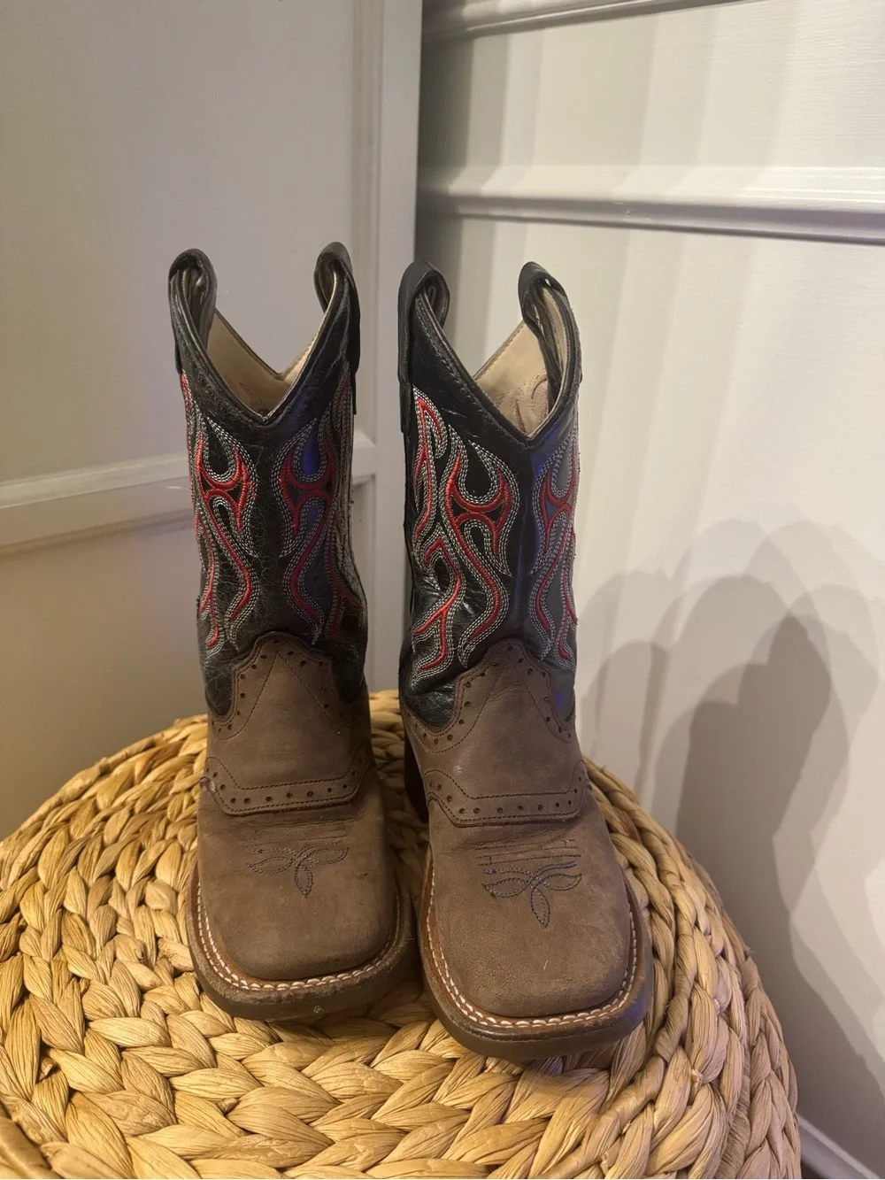 Kids Brown Cowboy Boots with Red & Blue Stitching